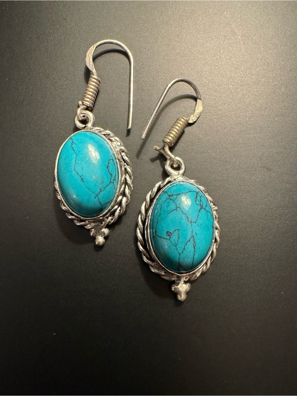 Silver Tone Faux Turquoise Dangle Earrings - Southwestern Style